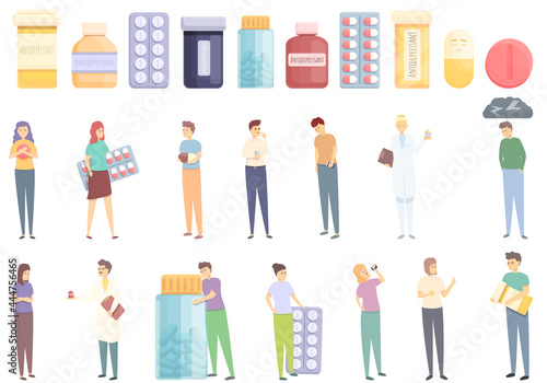 Antidepressant icons set cartoon vector. Family health. Mental sad