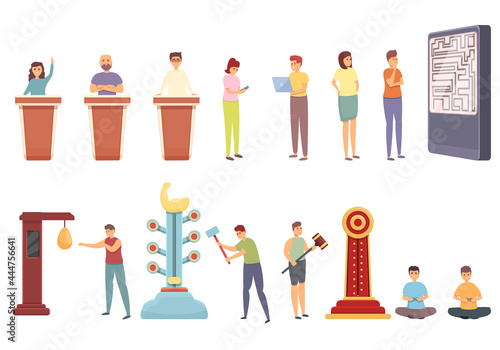 Test game icons set cartoon vector. Scientist expert. Genius professor