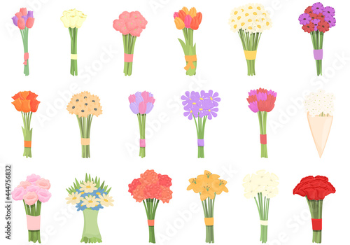 Bouquet icons set cartoon vector. Flower basket. Vase bunch