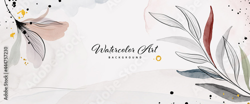 Abstract background watercolor gentle flower leaves and gold drops
