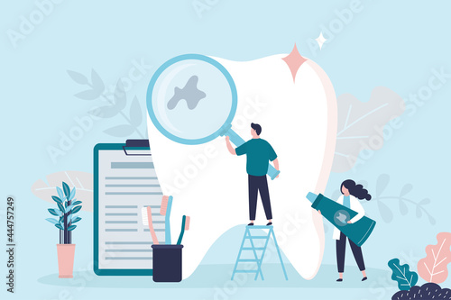 Female character holding tube of toothpaste. Specialist with magnifying glass examines tooth