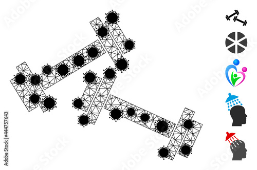 Mesh barbells polygonal icon vector illustration, with black infection nodes. Model is created from barbells flat icon, with infection elements and polygonal net.