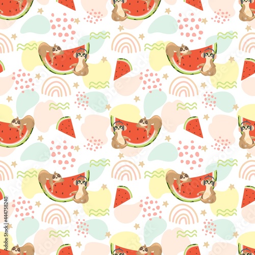 Seamless pattern with a cute sloth on a summer background. Vector illustration.