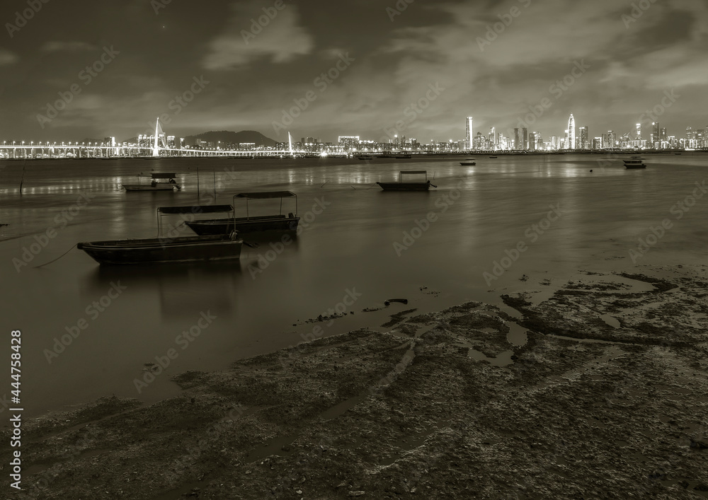 Fototapeta premium Skyline of Shenzhen city, China at night. Viewed from Hong Kong border Lau Fau Shan