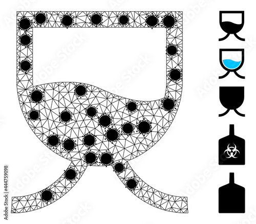 Mesh liquid tank polygonal icon vector illustration, with black virus items. Carcass model is created from liquid tank flat icon, with virus elements and triangular mesh.