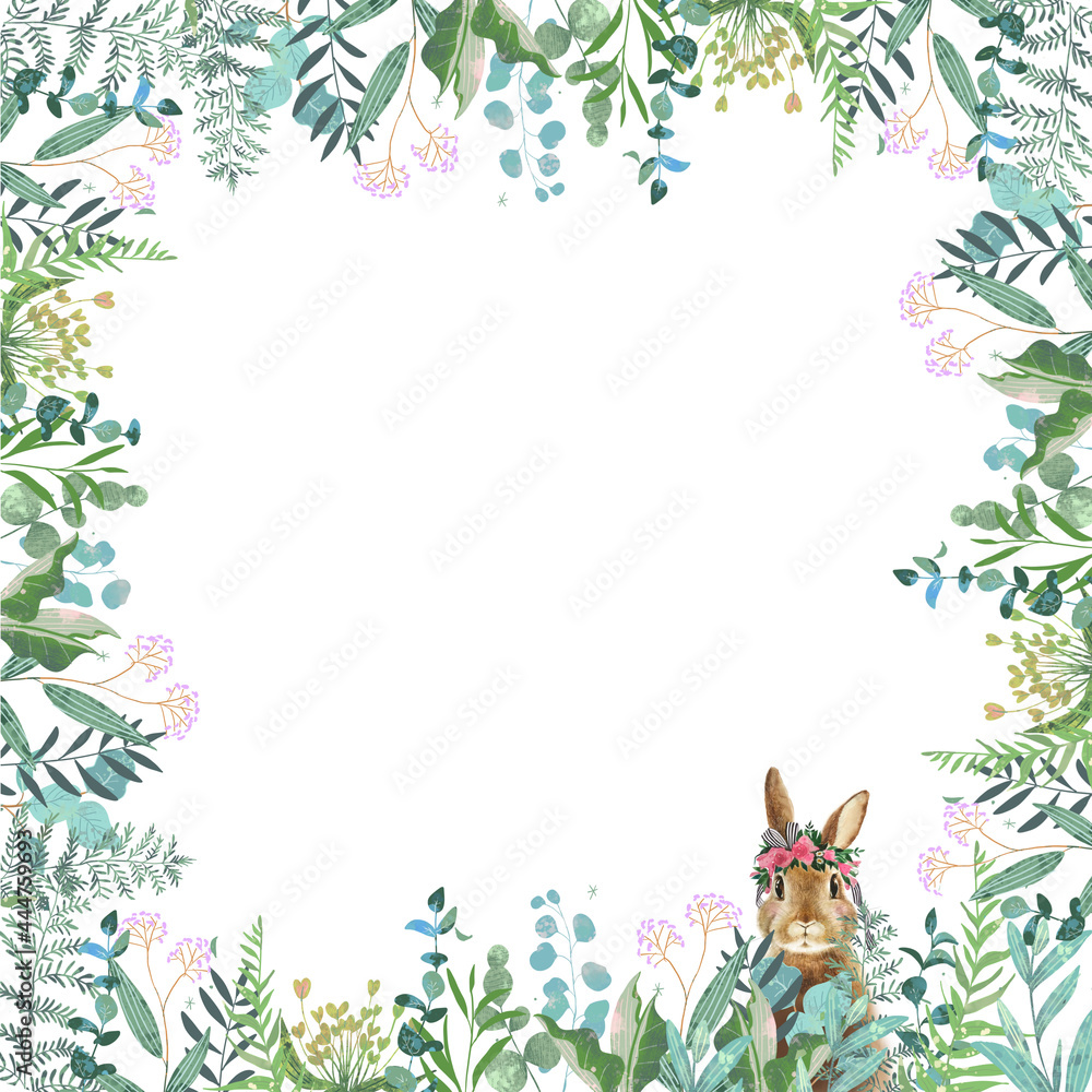 優しい色使いの北欧風オシャレな植物の中にうさぎがいる白バックフレームイラスト素材 Stock Illustration Adobe Stock