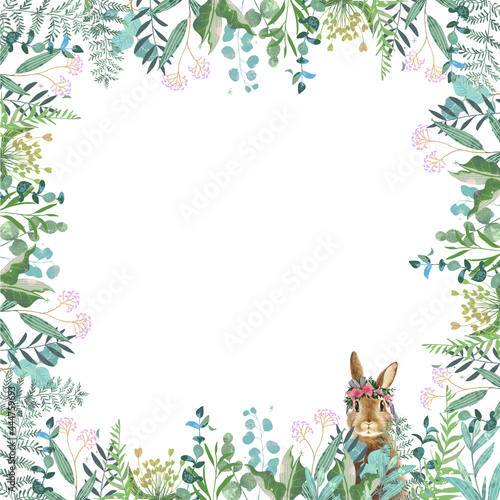 優しい色使いの北欧風オシャレな植物の中にうさぎがいる白バックフレームイラスト素材-White background frame illustration of a rabbit in a fashionable Scandinavian plant with gentle colors.