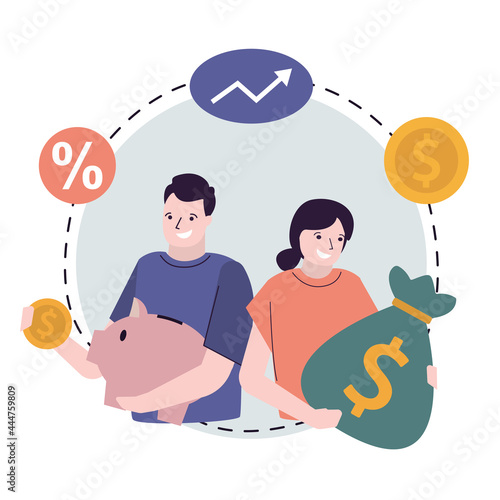 Investors holding bag with money and piggy bank. Business people campaign and offer saving currency. Employees investing cash. Concept of investment