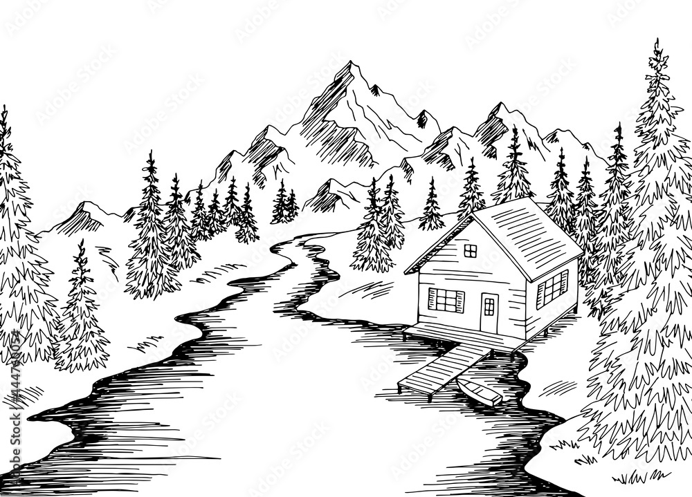 River house road graphic black white landscape sketch illustration vector