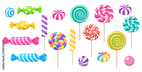Candies, lollipop, sugar caramel in wrapper, gums and twisted marshmallow on stick. Vector set of sweets, spiral lollypops, striped bonbons and bubblegums isolated on white background photo