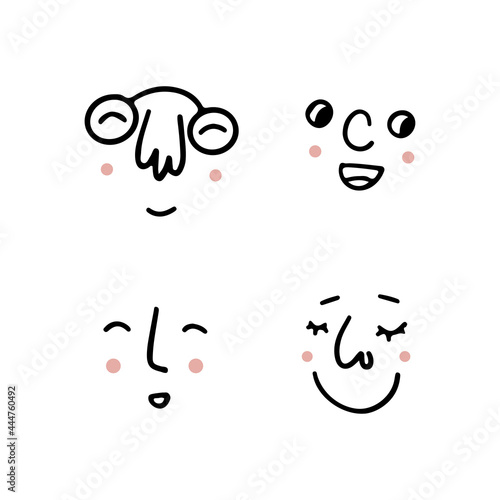 Set of human faces expressing positive emotions. Human faces with wide smiles. Set of cheerful people with happy facial expressions. Vector flat design illustrations isolated on white background.