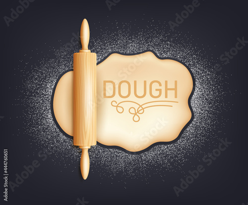 Realistic wooden rolling pin and kneading dough with flour. Design concept for baking, pizza, cookies, biscuits, bread. Dark board background, vector illustration