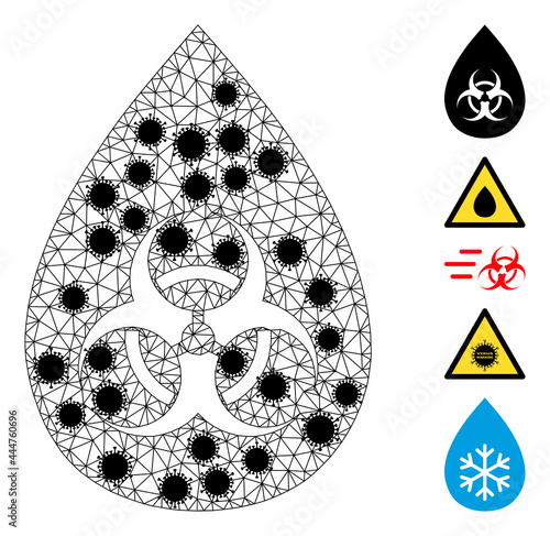 Mesh biohazard drop polygonal 2d vector illustration, with black Covid centers. Abstraction is based on biohazard drop flat icon, with covid centers and triangle net.