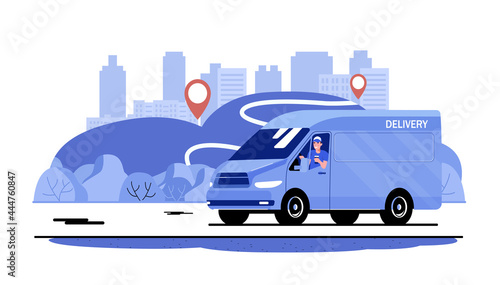 Cargo van with driver on the road against the backdrop of a rural landscape. Vector flat style illustration.