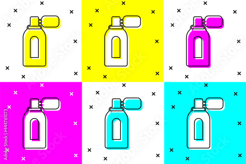 Set Aftershave bottle with atomizer icon isolated on color background. Cologne spray icon. Male perfume bottle. Vector