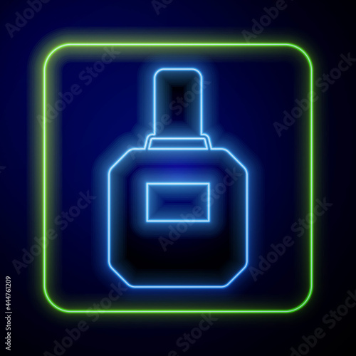 Glowing neon Aftershave icon isolated on blue background. Cologne spray icon. Male perfume bottle. Vector