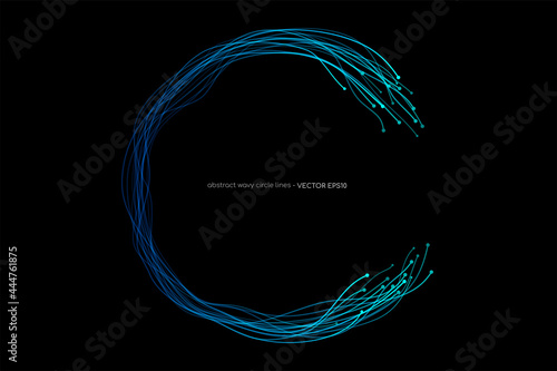 Abstract wavy dynamic blue light lines circle swirl round frame isolated on black background in concept technology, neural network, neurology, science, music.