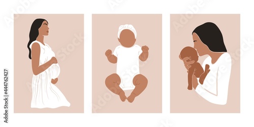 Mother child printable posters. Abstract woman cards contemporary style, pregnancy motherhood concept. Vector illustration