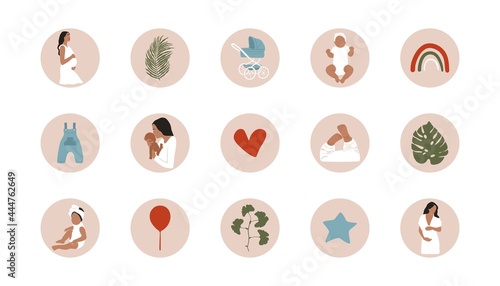 Motherhood social media highlight covers. Abstract mother kid pregnant woman baby icons contemporary style. Vector art print