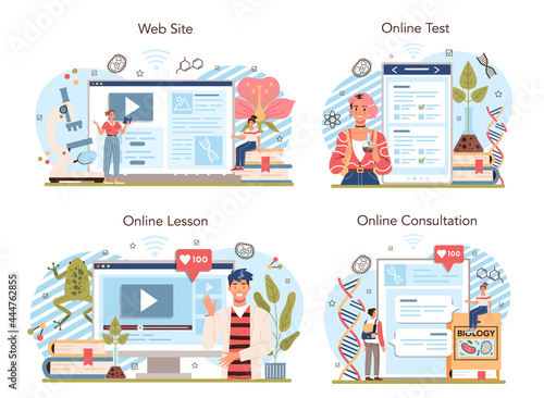 Biology school subject online service or platform set. Students exploring
