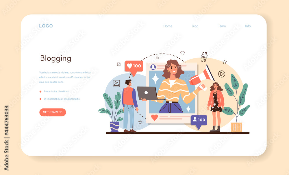 Blogger web banner or landing page. Sharing media content in the internet.