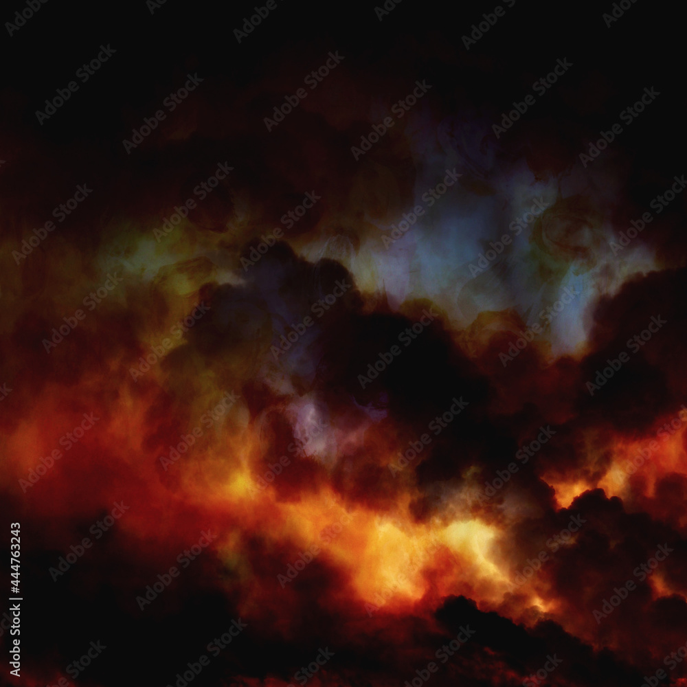 Wildfire inferno in the hills light the sky. Flames, clouds, sky. A Mixed Media background or feature image.