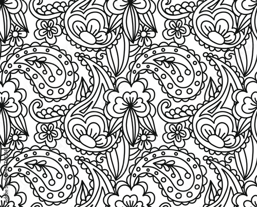 Line drawn vector seamless background with patterns of flowers and abstract doodle elements. Texture print for fabric or paper. Floristic and herbal sketches