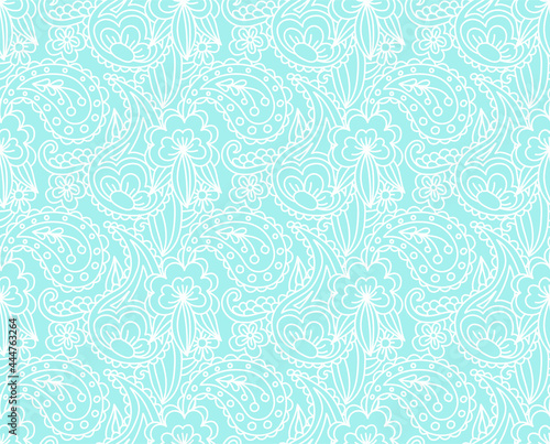 Line drawn vector seamless background with patterns of flowers and abstract doodle elements. Texture print for fabric or paper. Floristic and herbal sketches