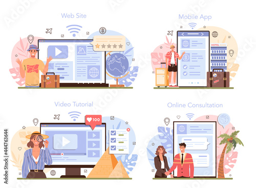 Tour agent online service or platform set. Vacation organization agency