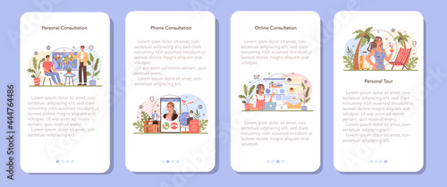 Tourism expert mobile application banner set. Agent creating and selling