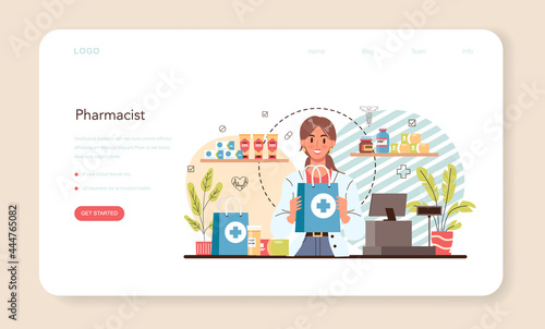 Pharmacy web banner or landing page. Pharmacist selling drugs