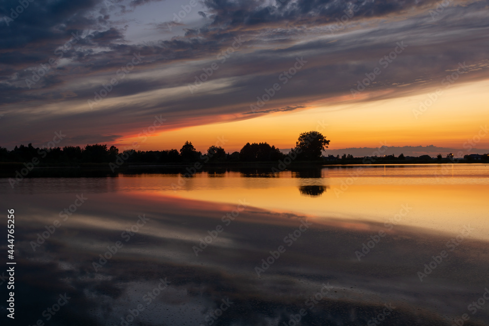 Reflection of clouds in the water after sunset