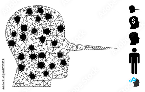 Mesh liar person polygonal icon vector illustration, with black infection nodes. Carcass model is based on liar person flat icon, with infectious nodes and triangle mesh.