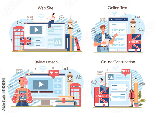 English class online service or platform set. Study foreign languages