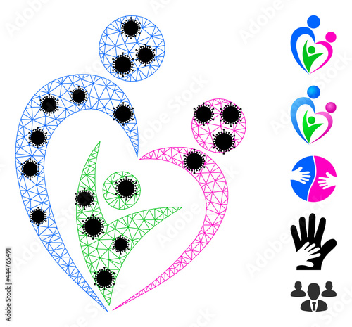 Mesh familty care polygonal symbol vector illustration, with black Covid centers. Carcass model is based on familty care flat icon, with infection nodes and triangle mesh. photo