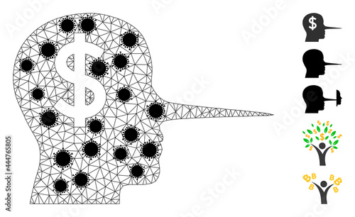 Mesh financial liar polygonal symbol vector illustration, with black infectious items. Carcass model is created from financial liar flat icon, with infectious nodes and triangle mesh.