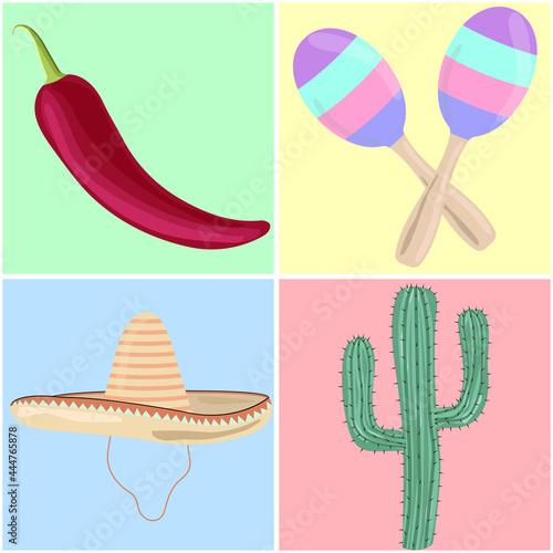 Mexican national items on a background in pastel colors