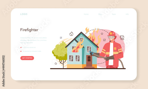 Firefighter web banner or landing page. Professional fire brigade