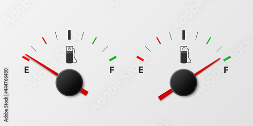 Vector 3d Realistic White Gas Fuel Tank Gauge, Oil Level Bar on White Background. Full and Empty. Car Dashboard Details. Fuel Indicator, Gas Meter, Sensor. Design Template