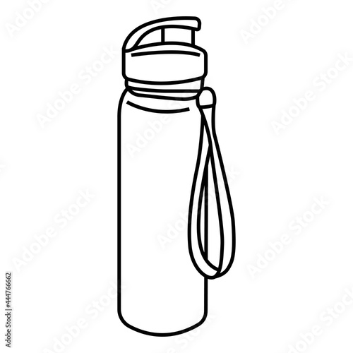 Sports shaker bottle with cap and tape for water and protein shakes. Vector outline hand drawn illustration in doodle style.