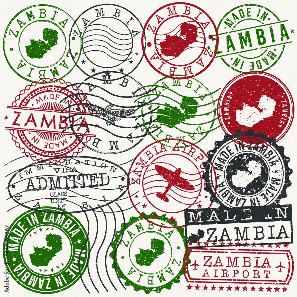 Zambia Set of Stamps. Travel Passport Stamps. Made In Product Design Seals in Old Style Insignia. Icon Clip Art Vector Collection.