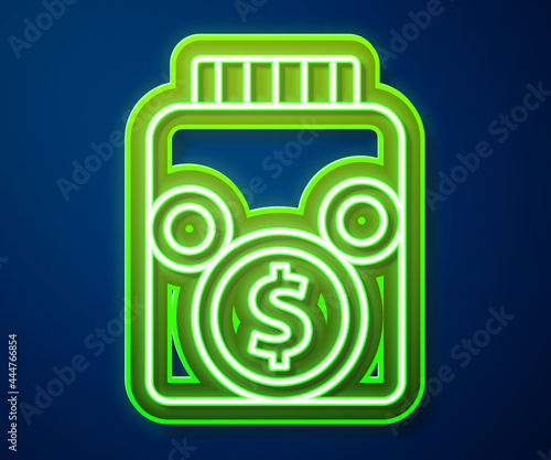 Glowing neon line Glass money jar with coin icon isolated on blue background. Icon saving or accumulation of money, investment. Vector