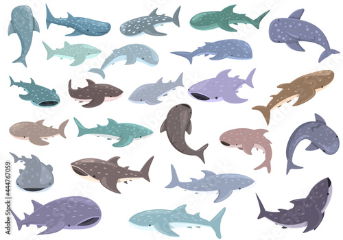 Whale shark icons set cartoon vector. Animal fish. Exotic mammal