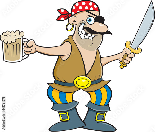 Cartoon illustration of a pirate holding a sword and a beer mug.