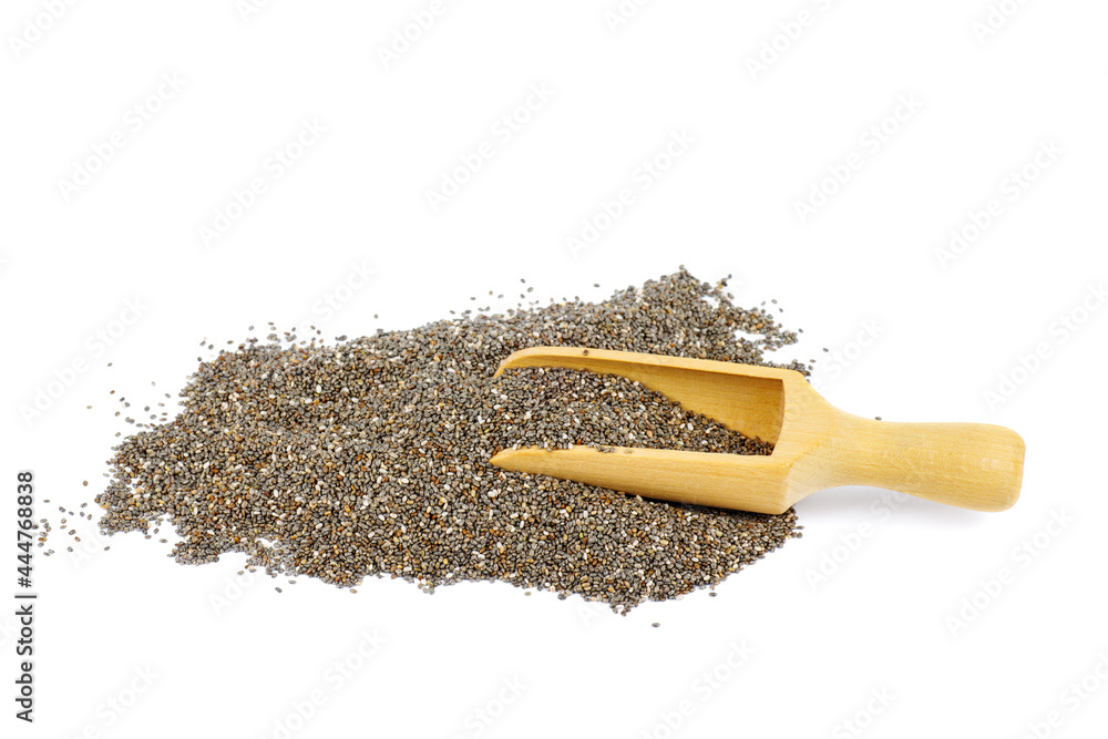 Chia (cia) seeds with wooden scoop isolated on a white background - obrazy, fototapety, plakaty 