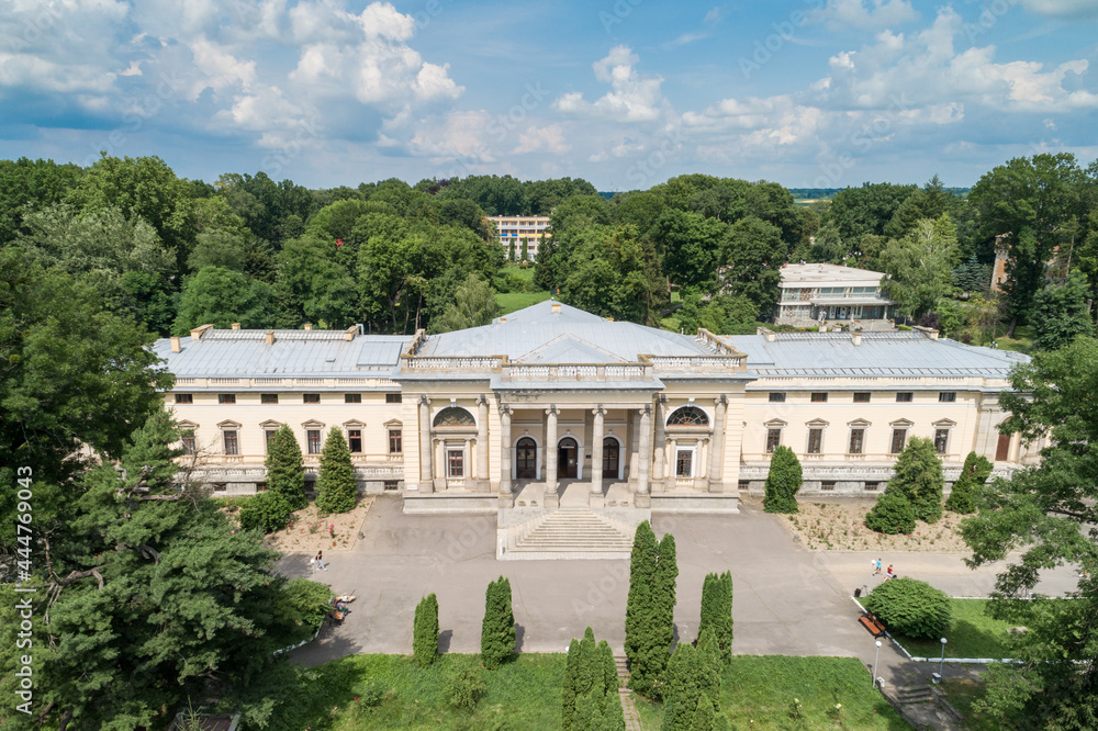 Aerial summer view of Scherbatova palace in Nemyriv town in Vinnytsa region, Ukraine, 2021.