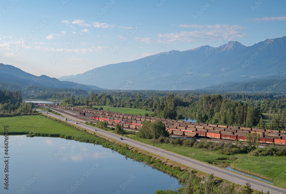 Aerial view of the rail yard and highway at Golden, British Columbia, Canada