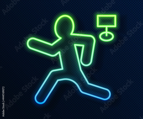 Glowing neon line Murder icon isolated on blue background. Body, bleeding, corpse, bleeding icon. Concept of crime scene. Vector