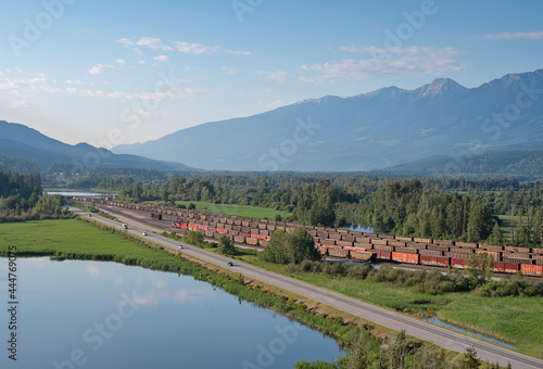 Aerial view of the rail yard and highway at Golden, British Columbia, Canada