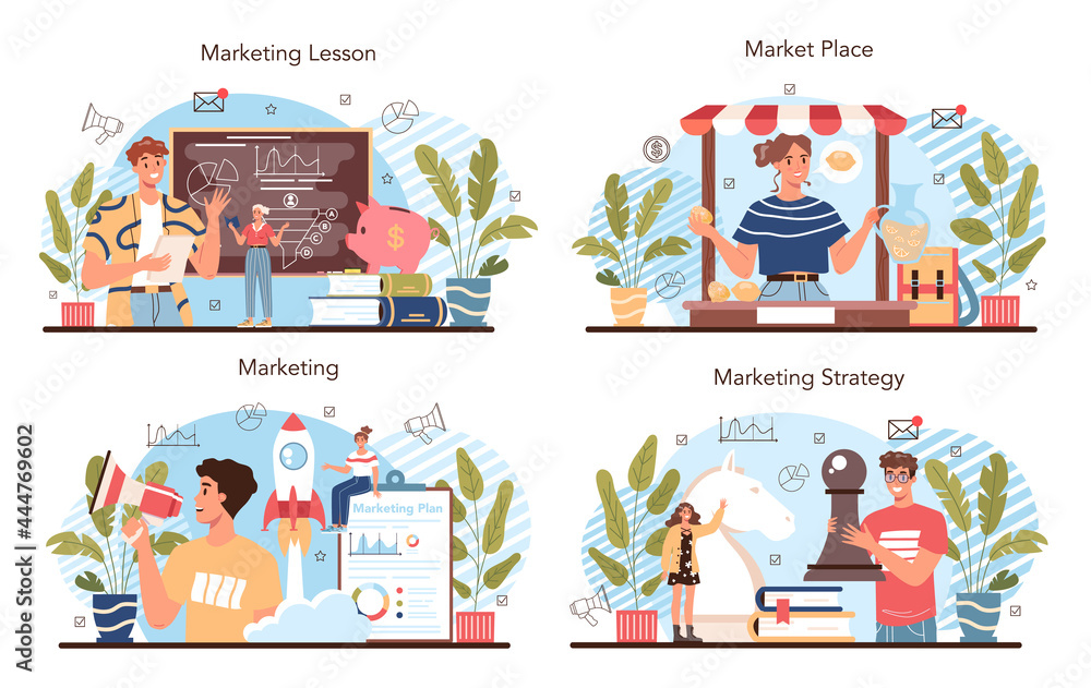 Marketing education school course set. Business promotion, customer